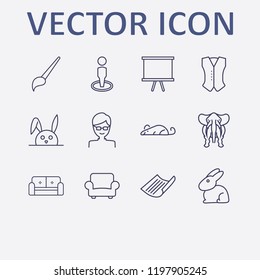 Outline 12 grey icon set. paper, jacket, board, sofa, man and brush vector illustration