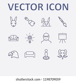 Outline 12 grey icon set. lamp with gear, man, board, glasses man, parrot head and rabbit vector illustration