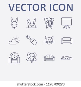 Outline 12 grey icon set. rabbit, cat, rat, cloudy, sofa and armchair vector illustration