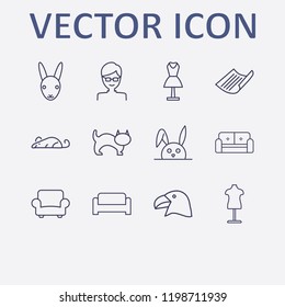 Outline 12 grey icon set. cat, rabbit, glasses man, armchair, parrot head and sofa vector illustration