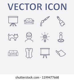 Outline 12 grey icon set. cat, man, lamp with gear, board, paper and jacket vector illustration