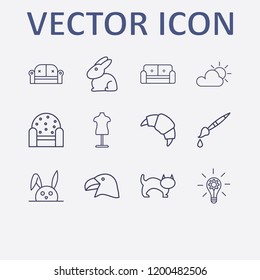 Outline 12 grey icon set. brush, rabbit, armchair, mannequin, sofa and cat vector illustration