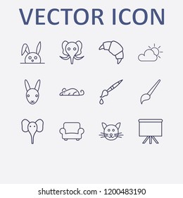 Outline 12 grey icon set. croissant, cloudy, rabbit, armchair, cat and elephant vector illustration