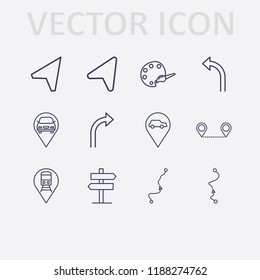 Outline 12 guide icon set. palette, distance map, train location, car location, location arrow, turn right arrow, turn left arrow and signpost vector illustration