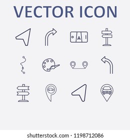 Outline 12 guide icon set. turn left arrow, distance map, location arrow, turn right arrow, signpost and smartphone map vector illustration