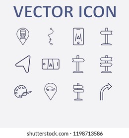 Outline 12 guide icon set. right signpost, palette, signpost, left signpost, car location and turn right arrow vector illustration