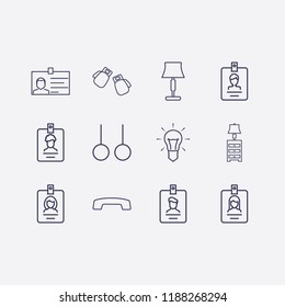 Outline 12 hanging icon set. lamp, sport ring, lampshade, id card, boxing gloves and hang up vector illustration