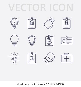Outline 12 hanging icon set. lamp, medicine chest, id card and boxing glove vector illustration