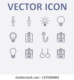 Outline 12 hanging icon set. sport ring, crane hook, fish hook, id card and lamp vector illustration