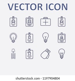 Outline 12 hanging icon set. lamp, lampshade, medicine chest, boxing glove and id card vector illustration