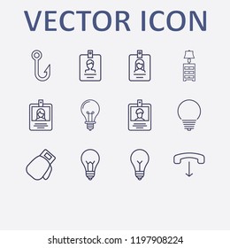 Outline 12 hanging icon set. boxing glove, id card, lampshade, lamp, fish hook and handset down vector illustration