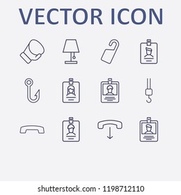 Outline 12 hanging icon set. fish hook, door tag, hang up, id card, handset down and boxing glove vector illustration