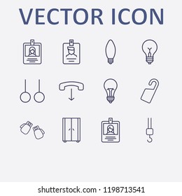 Outline 12 hanging icon set. handset down, boxing gloves, sport ring, crane hook, lamp and door tag vector illustration