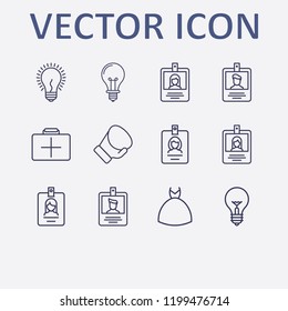 Outline 12 hanging icon set. wedding dress, medicine chest, id card, lamp and boxing glove vector illustration