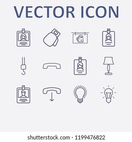 Outline 12 hanging icon set. crane hook, handset down, beer billboard, boxing glove, hang up and lampshade vector illustration