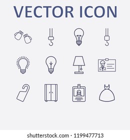 Outline 12 hanging icon set. lampshade, boxing gloves, lamp, door tag, wedding dress and id card vector illustration