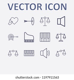 Outline 12 harmony icon set. balance, targer, heart with hand, sound, piano keyboard and piano vector illustration