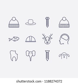 Outline 12 head icon set. fish, screw, elephant, dog, head in brain, safety helmet, deer, broken tooth, winter hat and old hat vector illustration