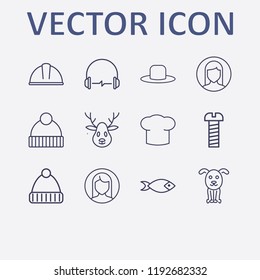 Outline 12 head icon set. old hat, woman user, fish, safety helmet, screw and dog vector illustration