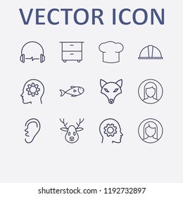 Outline 12 head icon set. woman user, deer, head with gear, dog, chef hat and head in gear vector illustration