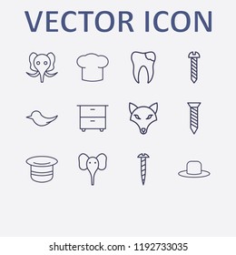 Outline 12 head icon set. broken tooth, screw, chef hat, comod, old hat and elephant vector illustration