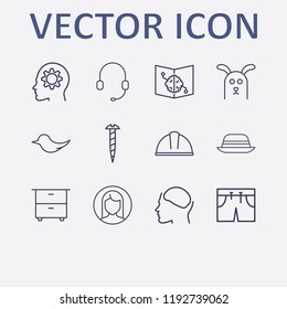 Outline 12 head icon set. screw, safety helmet, hat, bird, woman user and shor vector illustration