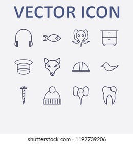 Outline 12 head icon set. safety helmet, fish, dog, broken tooth, bird and elephant vector illustration