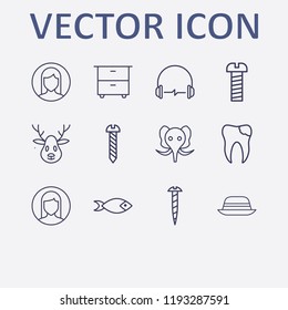 Outline 12 head icon set. hat, comod, screw, fish, elephant and deer vector illustration
