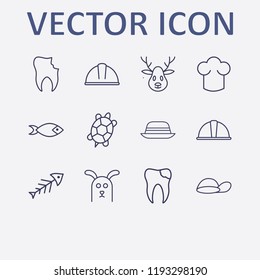 Outline 12 head icon set. deer, fish, chef hat, cap, broken tooth and safety helmet vector illustration