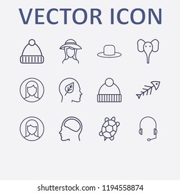 Outline 12 head icon set. elephant, headphone, fish, head with leaf, woman user and head in brain vector illustration