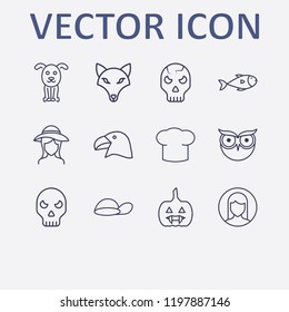 Outline 12 head icon set. chef hat, parrot head, girl head in hat, woman user, dog and fish vector illustration
