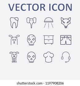 Outline 12 head icon set. comod, dog, chef hat, halloween skeleton, elephant and headphone vector illustration