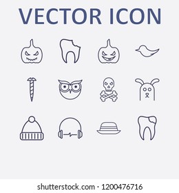 Outline 12 head icon set. bird, headphone, screw, winter hat, halloween pumpkin and hat vector illustration