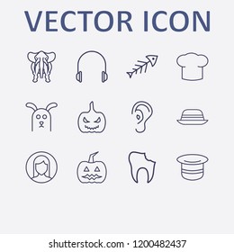 Outline 12 head icon set. ear, woman user, broken tooth, halloween pumpkin, old hat and hat vector illustration