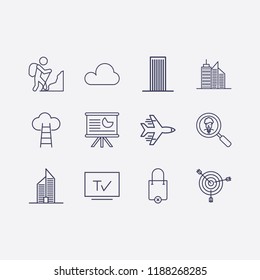 Outline 12 high icon set. tv, shopping bag remove, building, cloud, airplane, board in analytics, rock climber, search businessman, target and cloud with ladder vector illustration