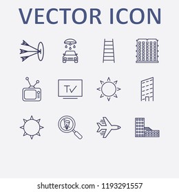 Outline 12 high icon set. airplane, target, car wash, search businessman, building and ladder vector illustration