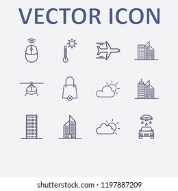 Outline 12 high icon set. mouse wifi, thermometer, car wash, airplane, helicopter and cloud sun vector illustration
