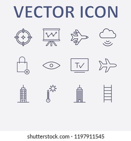 Outline 12 high icon set. aim, board in analytics, airplane, tv, thermometer and ladder vector illustration