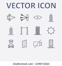 Outline 12 high icon set. eye, sun, pull up, building, car wash and target vector illustration