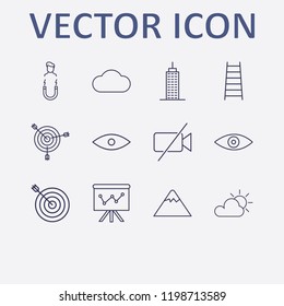 Outline 12 high icon set. mountain, building, ladder, target, forbidden video camera and cloud vector illustration