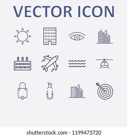 Outline 12 high icon set. wave, wine box, airplane, magnet human, sun and eye vector illustration