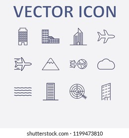 Outline 12 high icon set. airplane, building, wave, mountain, target and cloud vector illustration