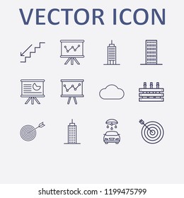 Outline 12 high icon set. wine box, board in analytics, cloud, building, car wash and stairs down vector illustration
