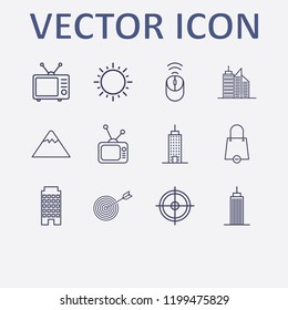 Outline 12 high icon set. sun, target, shopping bag remove, aim, tv and mountain vector illustration