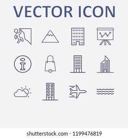 Outline 12 high icon set. information, wave, mountain, cloud sun, shopping bag remove and building vector illustration