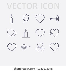 Outline 12 hope icon set. heart, clover, candle, targer and add heart vector illustration