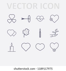 Outline 12 hope icon set. candle, hand with plant, heart, add heart, targer and clover vector illustration