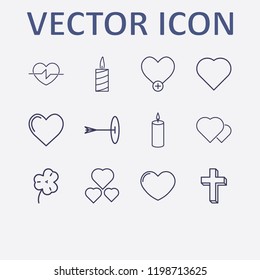 Outline 12 hope icon set. cross, targer, candle, add heart, heart and clover vector illustration