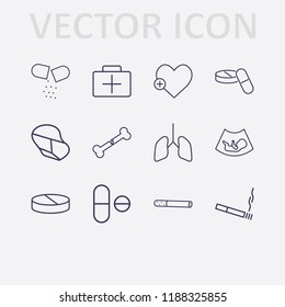 Outline 12 hospital icon set. add heart, broken bone, medicine briefcase, lungs, pill, cigarette, ultrasound baby and doctor vector illustration