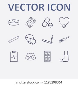 Outline 12 hospital icon set. cigarette, pill pack, ultrasound baby, doctor, add heart and pill vector illustration